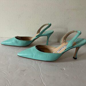 90'S VINTAGE MANOLO BLAHNIK CARYOLYNE KITTN HEEL SLINGBACK PUMP SZ 36.5 / 6.5